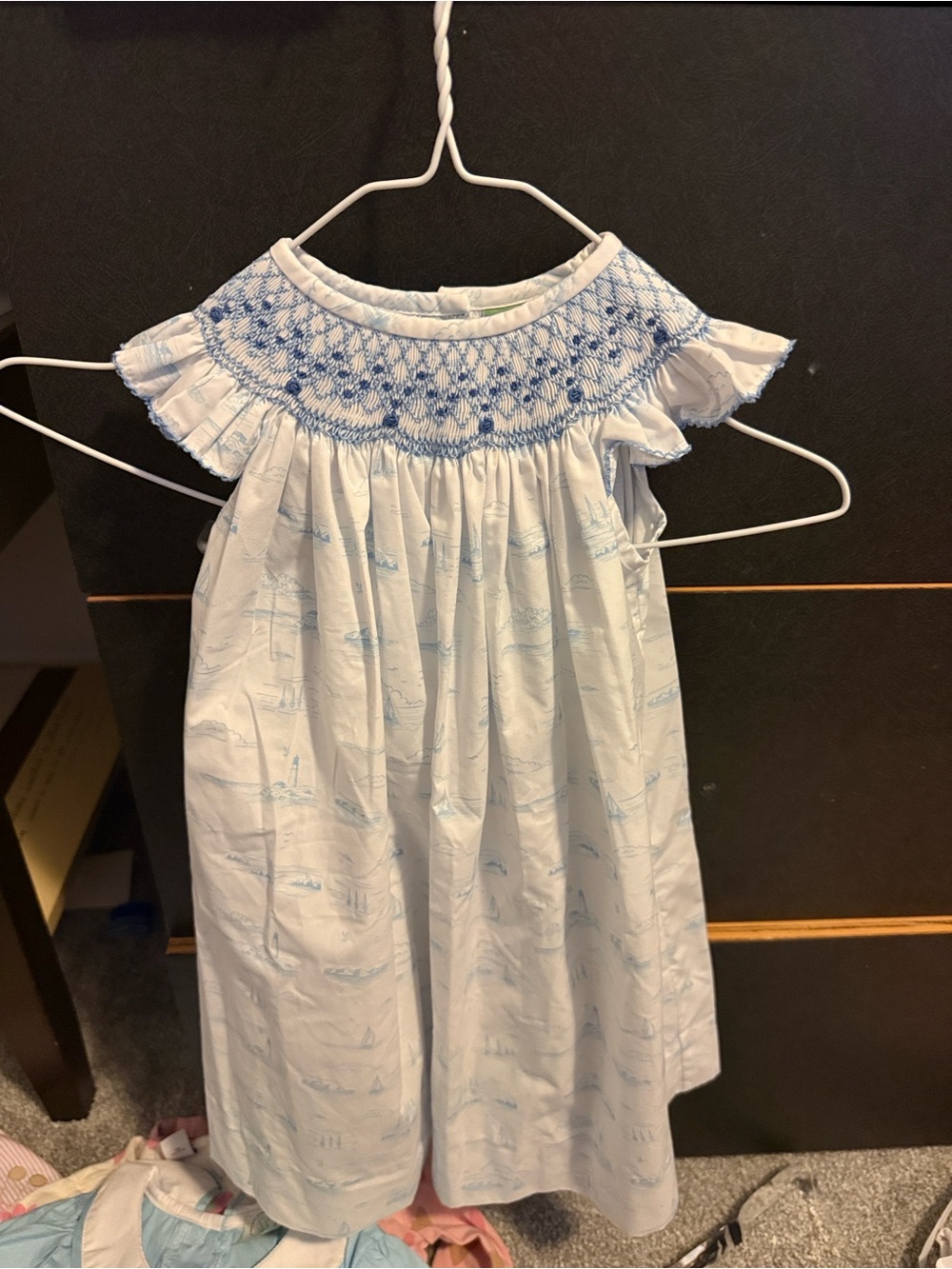 Smocked White and Light Blue Girls' Formal Dress